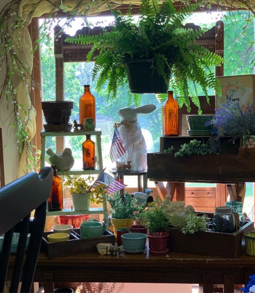 A cozy display of potted plants, vintage bottles, and decorative items, with a large fern and a white bunny in the window.