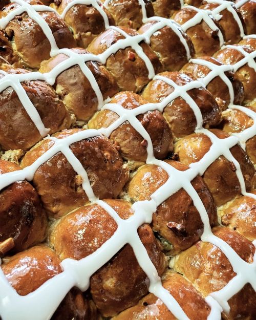 A close-up of freshly baked hot cross buns, topped with white icing in a crisscross pattern.