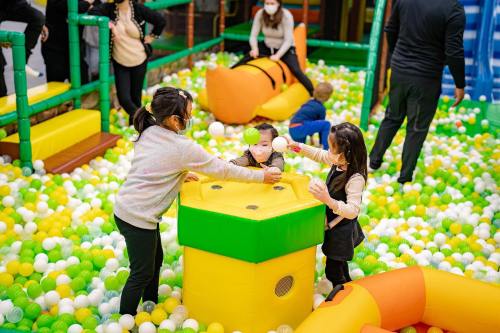 Children playing in a colorful indoor play area filled with balls, engaging with toys and each other.