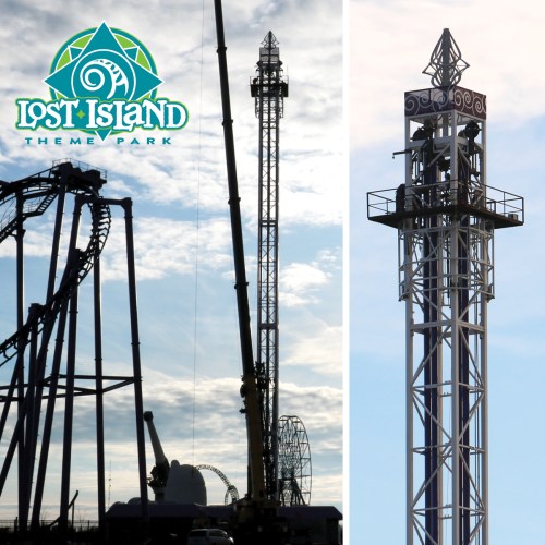Logo of Lost Island Theme Park alongside a silhouette of roller coasters and a tall observation tower against a cloudy sky.