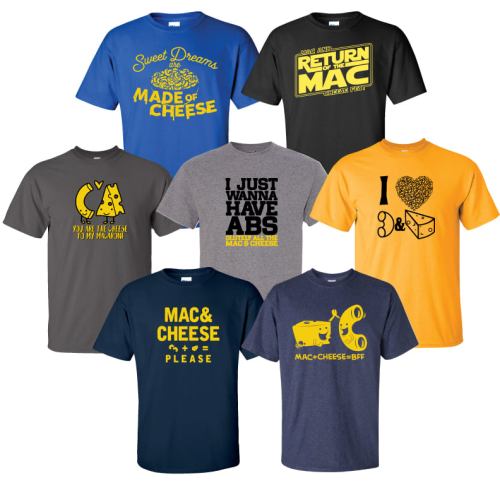 A collection of seven humorous t-shirts featuring food-themed designs and playful slogans about cheese and fitness.