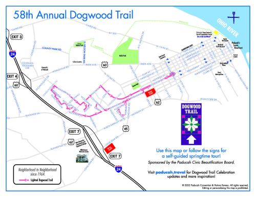 Map of the 58th Annual Dogwood Trail, featuring a self-guided tour route and event details in Paducah, Kentucky.