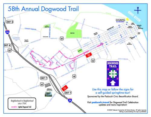 Map of the 58th Annual Dogwood Trail, featuring a self-guided tour route and event details in Paducah, Kentucky.