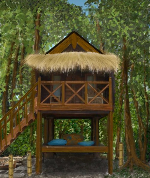 A wooden treehouse with a thatched roof, surrounded by lush green trees and a cozy seating area below.