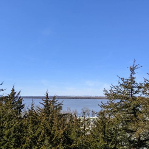 A clear blue sky above a calm river, framed by evergreen trees in the foreground.