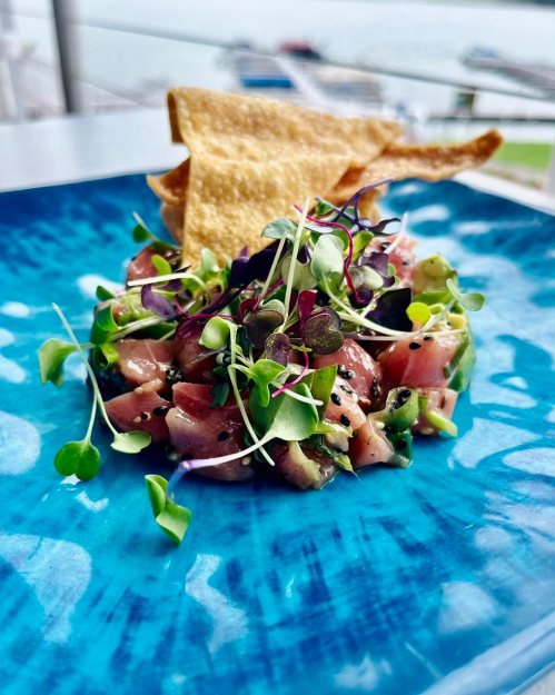 A vibrant plate of tuna tartare garnished with microgreens and served with a crispy chip on a blue dish.