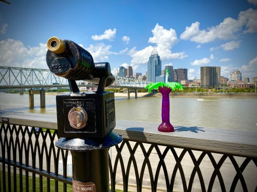 A coin-operated telescope overlooks a river with a small palm tree decoration and a city skyline in the background.