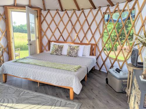 Cozy yurt interior featuring a bed with decorative pillows, a door opening to nature, and a fan for comfort.