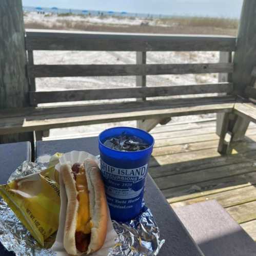 A hot dog with mustard and a side of fries on a table by the beach, with a drink and ocean view in the background.