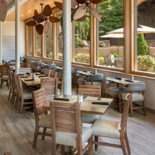 Bright restaurant interior with wooden tables and chairs, large windows, and ceiling fans, surrounded by greenery.