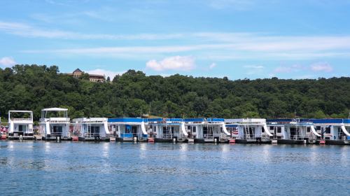 A row of houseboats docked along a calm lake, with lush green trees and a blue sky in the background.