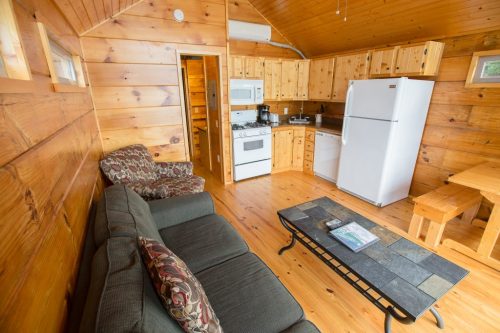 Cozy wooden cabin interior featuring a living area, kitchen appliances, and a dining table. Warm, inviting atmosphere.