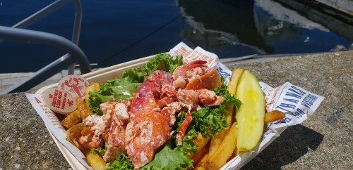 A lobster roll with lettuce and fries, served in a basket, with a scenic waterfront in the background.