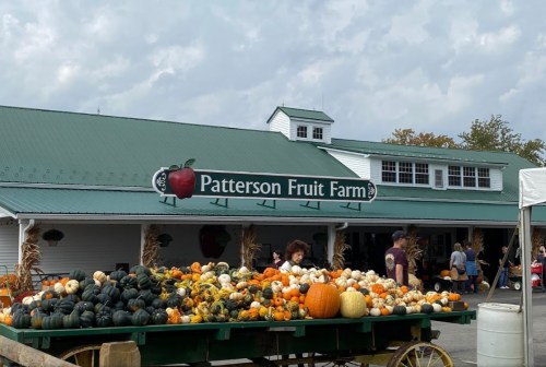 A farm stand at Patterson Fruit Farm displays a variety of pumpkins and gourds in front of a white building.