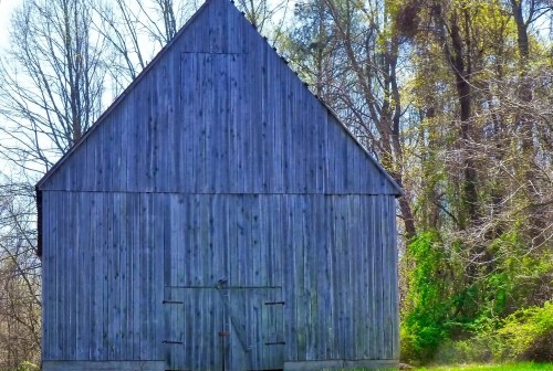 A weathered blue barn stands against a backdrop of trees and greenery under a clear sky.
