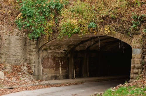 An arched stone tunnel entrance surrounded by greenery and autumn leaves, leading to a dark interior.