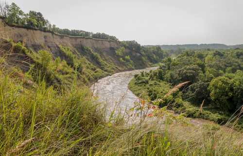 A winding river flows through a lush green landscape, bordered by steep cliffs and tall grass under a cloudy sky.