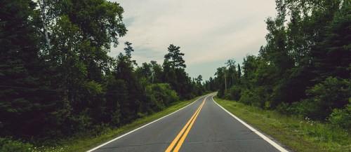 A winding road surrounded by lush green trees under a cloudy sky.