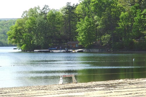 A serene lake surrounded by trees, with a sandy beach in the foreground and a dock in the distance.