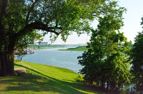 A serene river scene framed by trees, with a bridge in the distance and a grassy bank along the water.