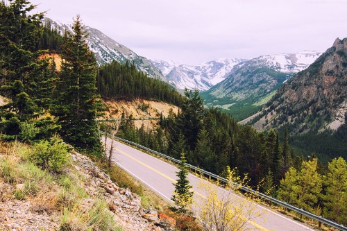 A winding road through a mountainous landscape, surrounded by lush greenery and snow-capped peaks in the distance.