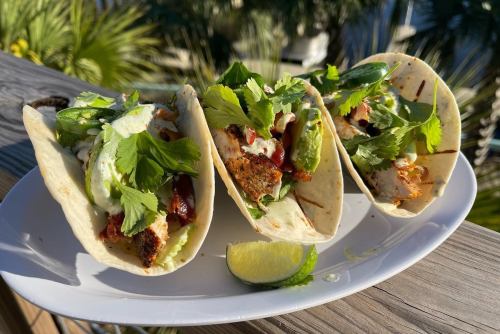 Three delicious tacos filled with grilled chicken, fresh cilantro, jalapeños, and a lime wedge on the side.