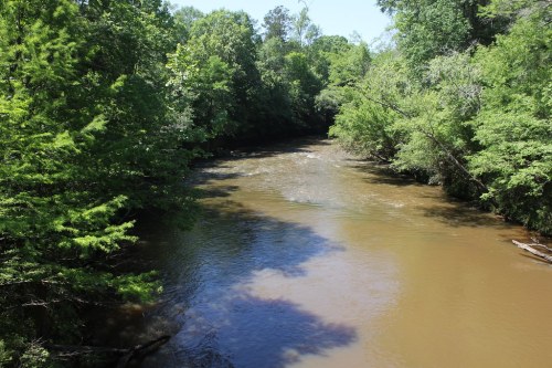 A serene river flows through a lush green landscape, surrounded by trees and dappled sunlight.
