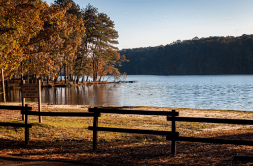 A serene lake view with trees in autumn colors and a wooden fence in the foreground, reflecting calm waters.