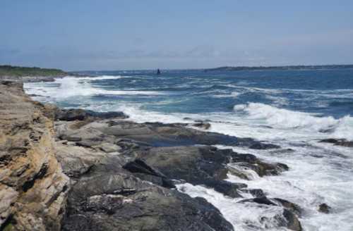 A rocky coastline with waves crashing against the shore under a clear blue sky.