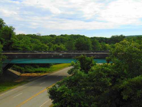 A green bridge spans over a road, surrounded by lush trees and a cloudy sky in the background.