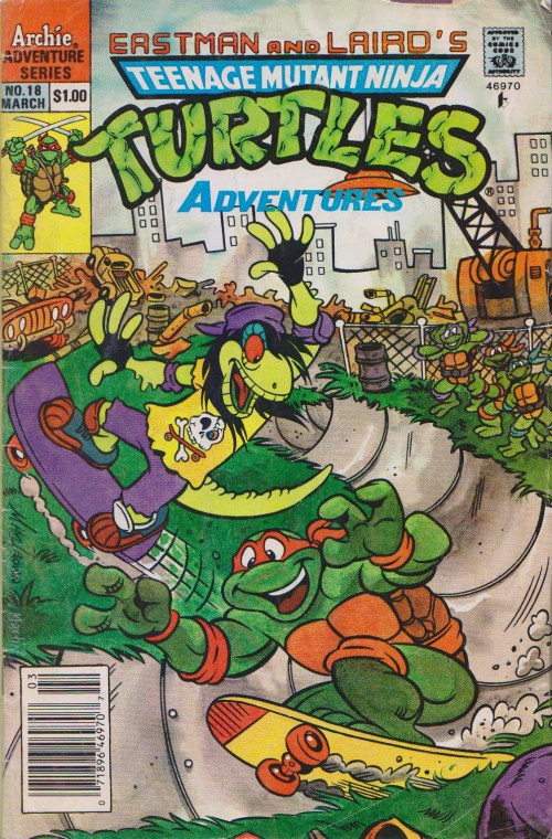 A colorful comic cover featuring Teenage Mutant Ninja Turtles skateboarding in a vibrant urban setting.