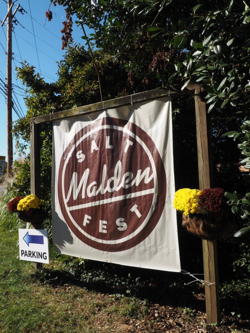 A sign for "Malden Fest" with flowers and a parking direction arrow, surrounded by greenery and utility poles.