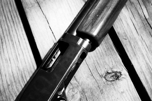 Close-up of a shotgun resting on a wooden surface, showcasing its barrel and wooden stock in black and white.