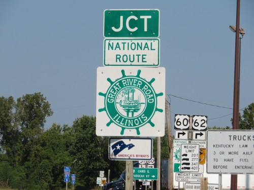 Sign indicating the junction of National Route and Great River Road in Illinois, with additional route information below.