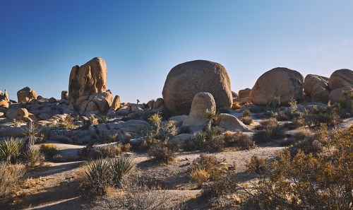 A desert landscape featuring large boulders and sparse vegetation under a clear blue sky.