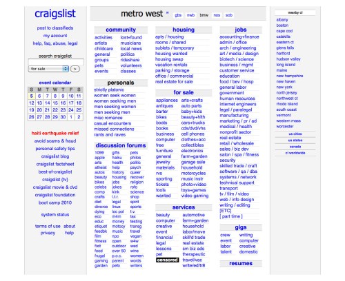 Screenshot of Craigslist homepage for Metro West, featuring categories like housing, jobs, services, and community.