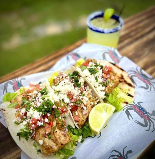Three grilled fish tacos topped with lettuce, tomatoes, cilantro, and cheese, served with a lime wedge and a margarita.