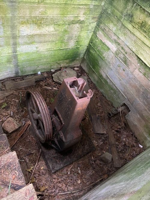 An old, rusted machine sits in a moss-covered, wooden structure, surrounded by debris and overgrown vegetation.