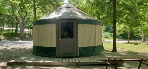 A green and beige yurt on a wooden platform, surrounded by trees in a grassy area.