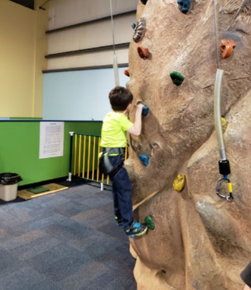 A child in a yellow shirt climbs a rock wall indoors, using colorful holds. Safety harness is visible.