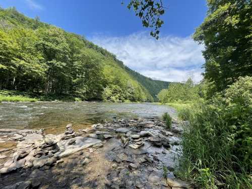 A serene river flows through a lush green landscape under a blue sky with scattered clouds.