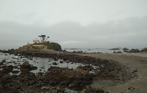 A rocky shoreline with a small island featuring a lighthouse, surrounded by calm waters and a cloudy sky.
