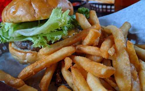 A juicy burger with lettuce and a side of crispy French fries on a plate.