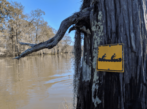 A yellow sign on a tree trunk near a river, depicting two people canoeing. Trees and water are visible in the background.