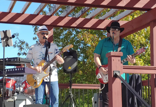 Two musicians perform on a stage, one playing guitar and the other singing, surrounded by trees and musical equipment.
