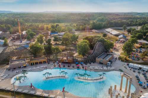 Aerial view of a water park with a pool, palm trees, and a roller coaster in a lush green landscape.