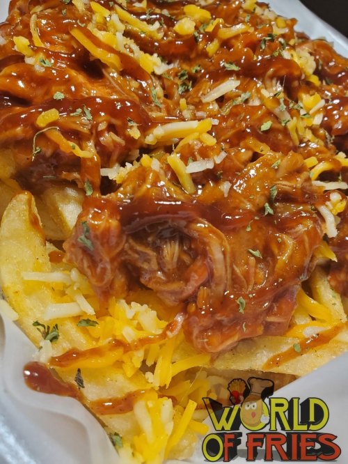 A close-up of loaded fries topped with pulled pork, cheese, and barbecue sauce, served in a takeout container.