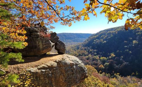 A person sits on a rocky ledge overlooking a colorful autumn valley with vibrant foliage and clear blue skies.