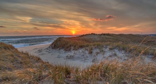 A serene beach scene at sunset, with sand dunes and tall grass against a colorful sky and gentle ocean waves.