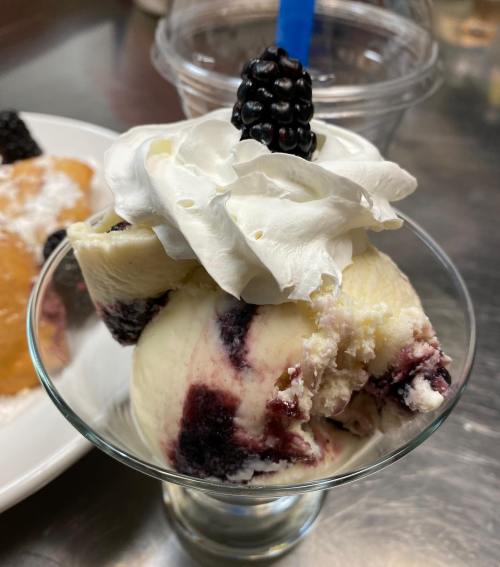 A dessert glass filled with vanilla ice cream swirled with blackberry, topped with whipped cream and a blackberry.